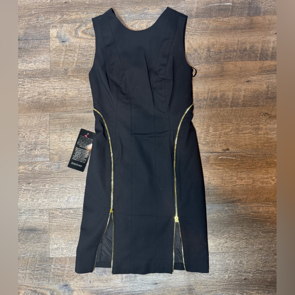 Bebe Little Black Dress Midi Sheath Dress Gold Zippers Bondage Women’s SZ 2 - Picture 3 of 15
